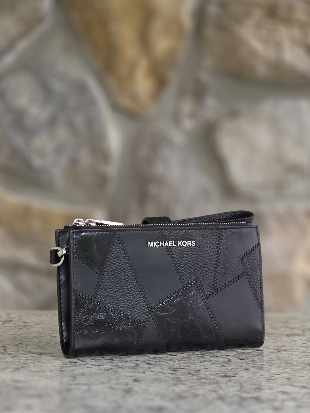 Michael Kors Adele Patchwork Black Double Zip Wristlet